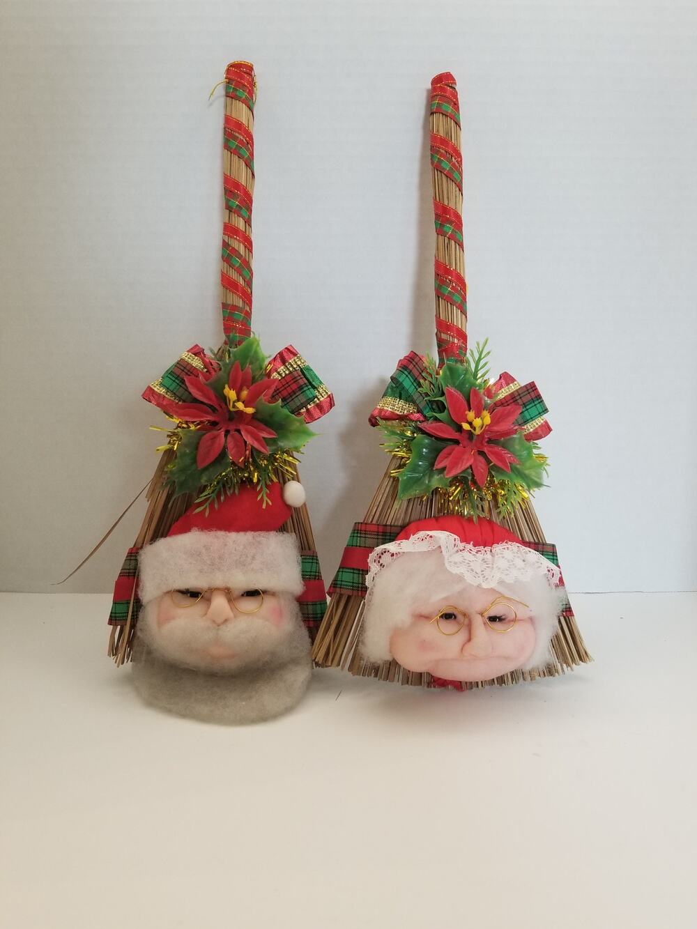 Vintage 70s Christmas Santa and Mrs. Claus Straw Brooms Poinsettia Plaid Bow